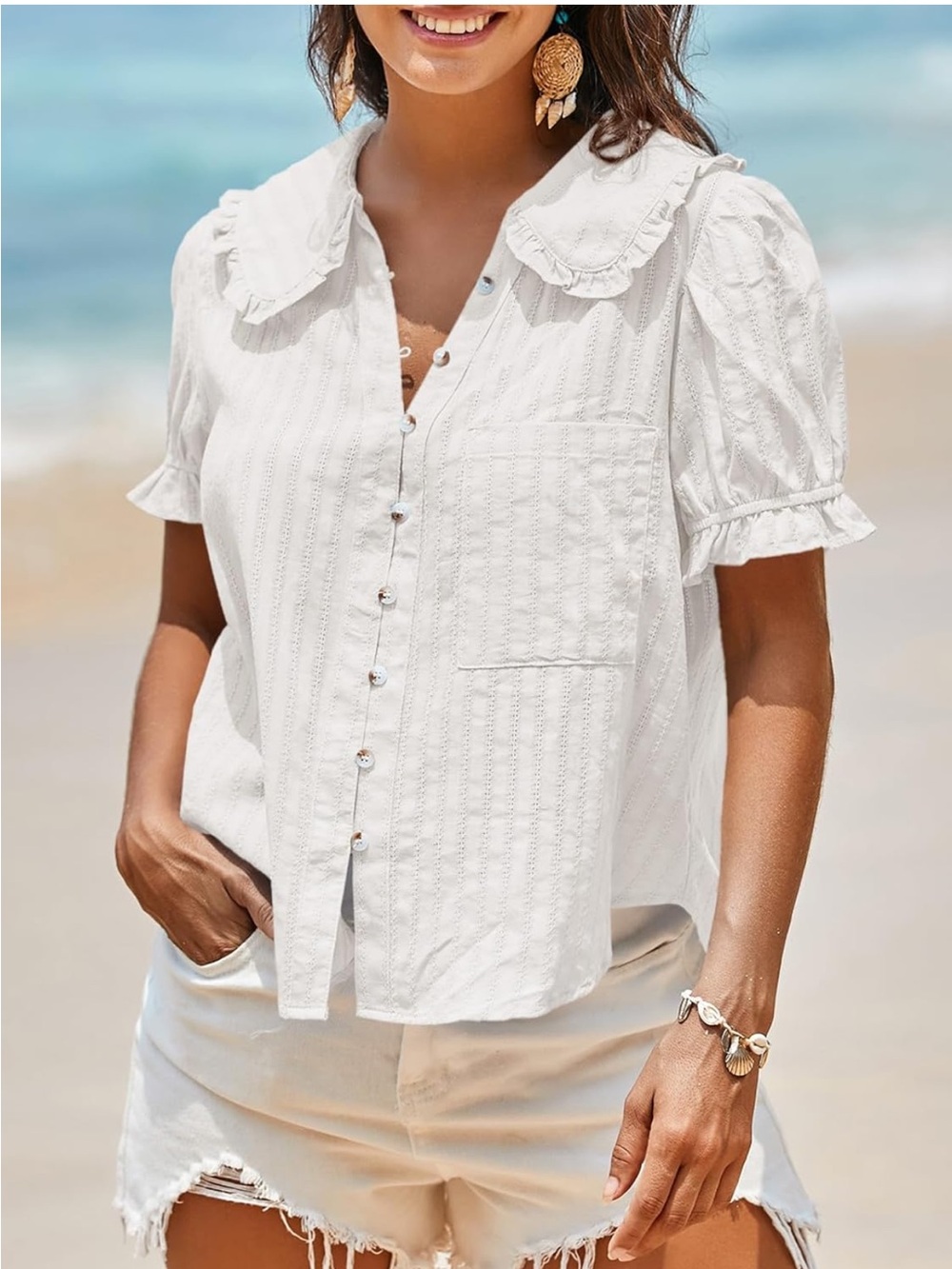 White Ruffle Collar Button-Front Blouse - Picture 3 of 7